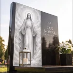 czarny granitowy nagrobek z szklanym panelem Jezusa – nowoczesny pomnik z tablicą napisową