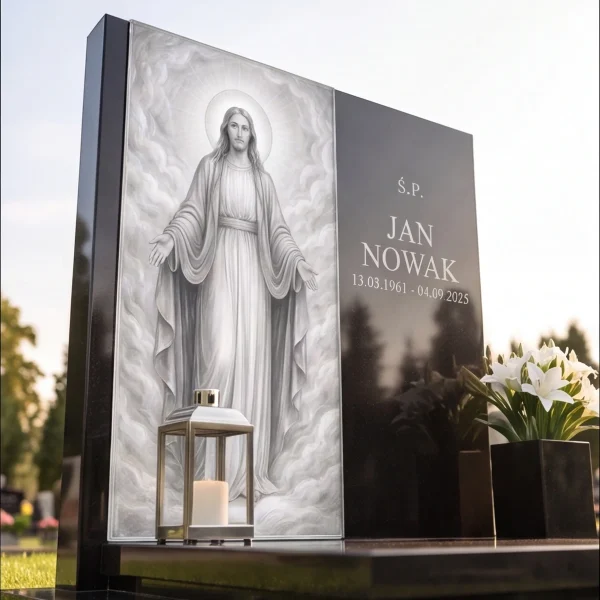 czarny granitowy nagrobek z szklanym panelem Jezusa – nowoczesny pomnik z tablicą napisową