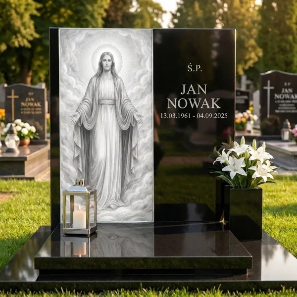 nowoczesny czarny nagrobek z szklanym panelem Jezusa, lampionem i kwiatami na cmentarzu