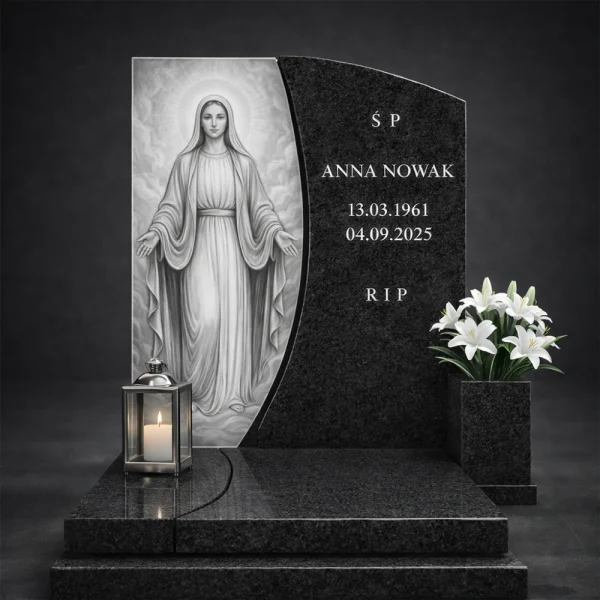 Ozdoba do pomnika ze szkła Maryi – panel szklany do nagrobka z wizerunkiem Matki Bożej