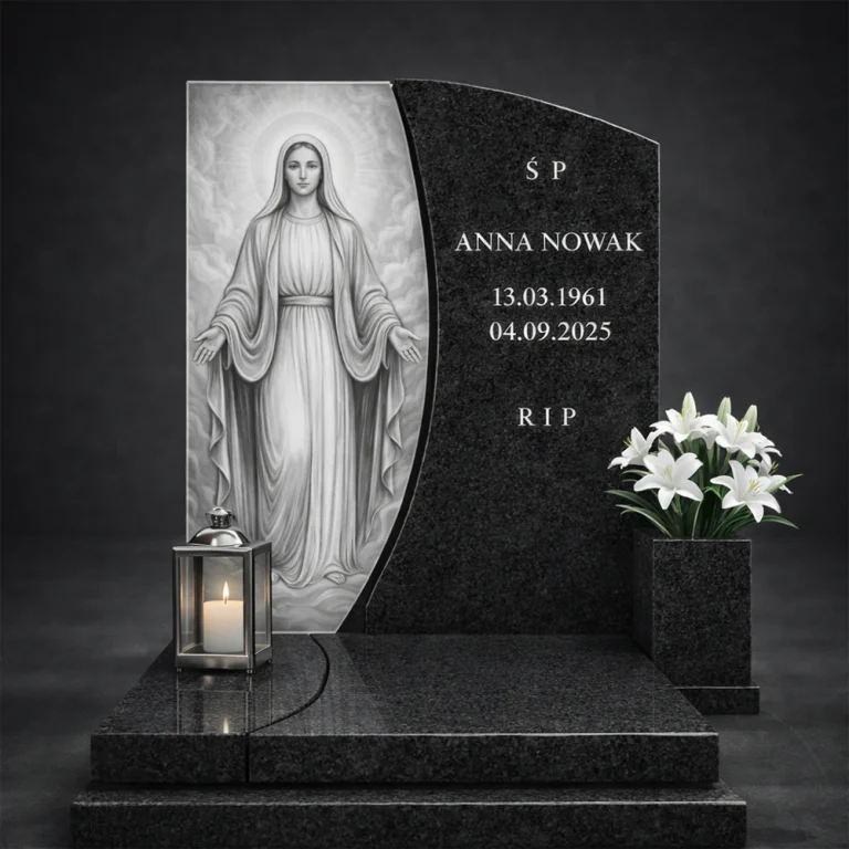 Ozdoba do pomnika ze szkła Maryi – panel szklany do nagrobka z wizerunkiem Matki Bożej