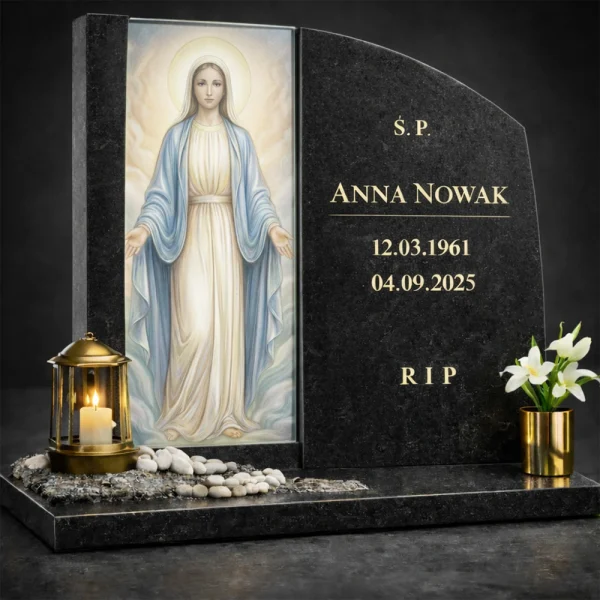 Panel szklany do nagrobka z obrazem Maryi w nowoczesnym pomniku z czarnego granitu