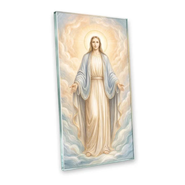 Szklana ozdoba do nagrobka z obrazem Maryi – panel szklany do pomnika