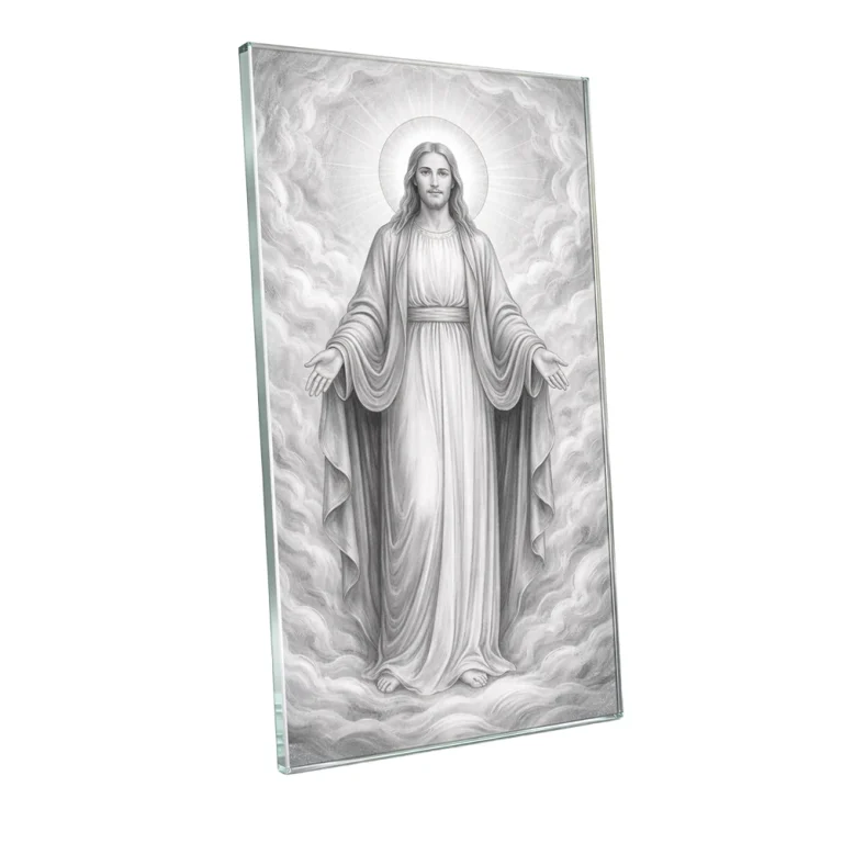 Szklana ozdoba do pomnika z wizerunkiem Jezusa – panel szklany do nagrobka z grafiką religijną