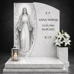 Szklana ozdoba do pomnika Maryi – panel szklany do nagrobka z wizerunkiem Matki Bożej