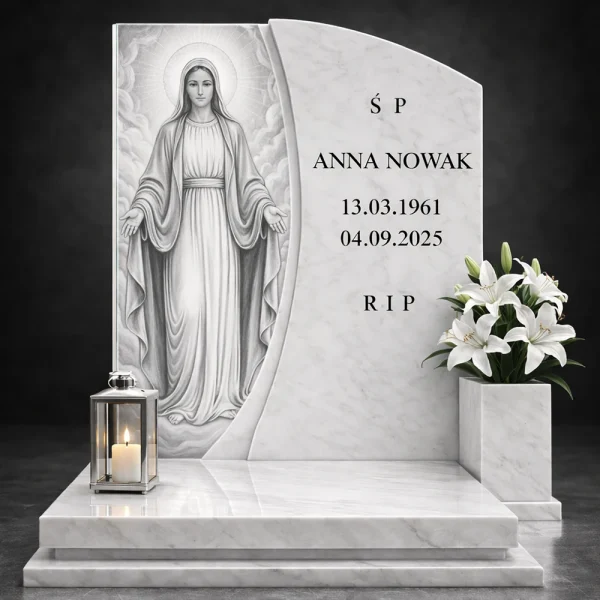 Szklana ozdoba do pomnika Maryi – panel szklany do nagrobka z wizerunkiem Matki Bożej