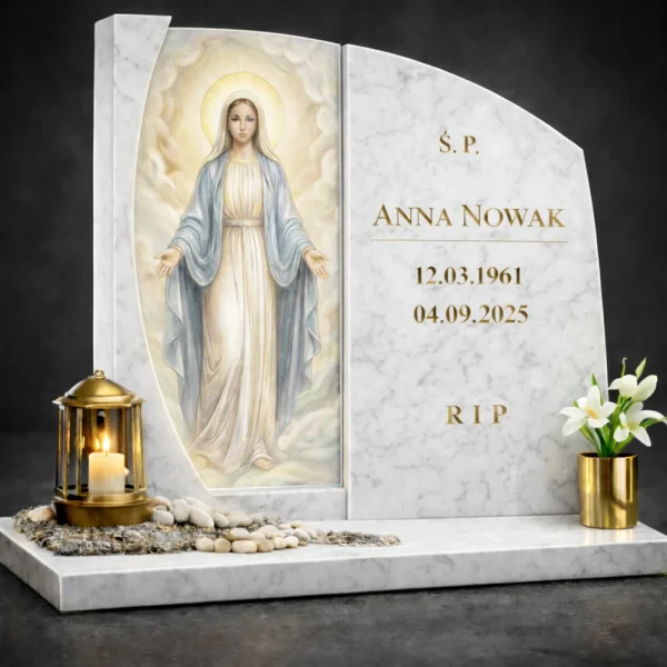 Szkło do nagrobka z obrazem Maryi – dekoracyjny panel szklany do pomnika
