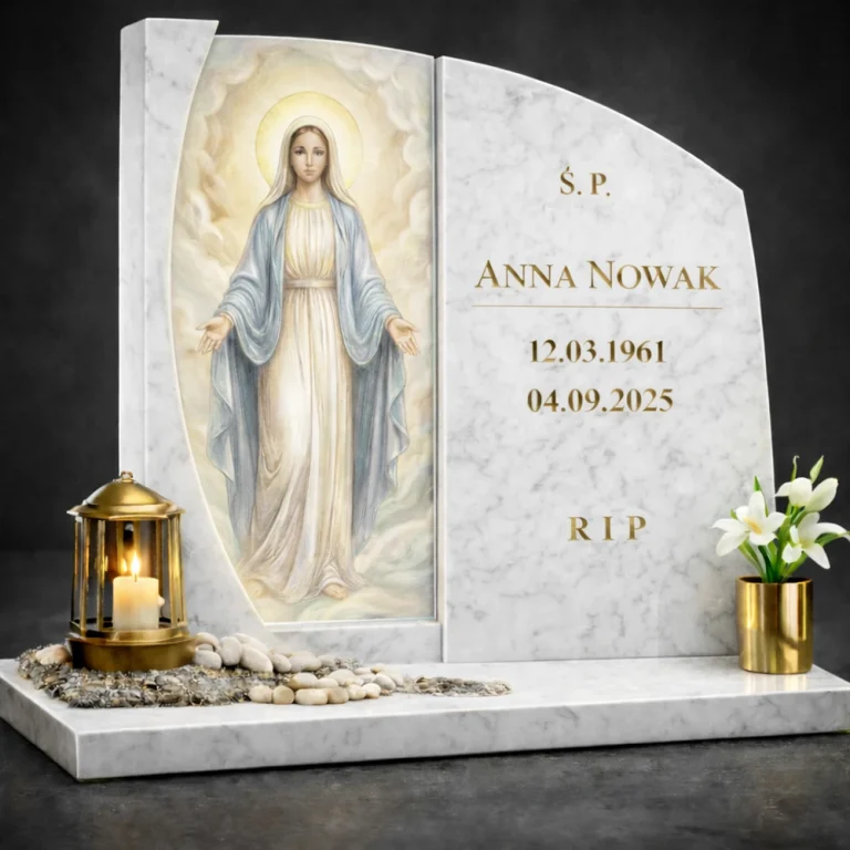 Szkło do nagrobka z obrazem Maryi – dekoracyjny panel szklany do pomnika