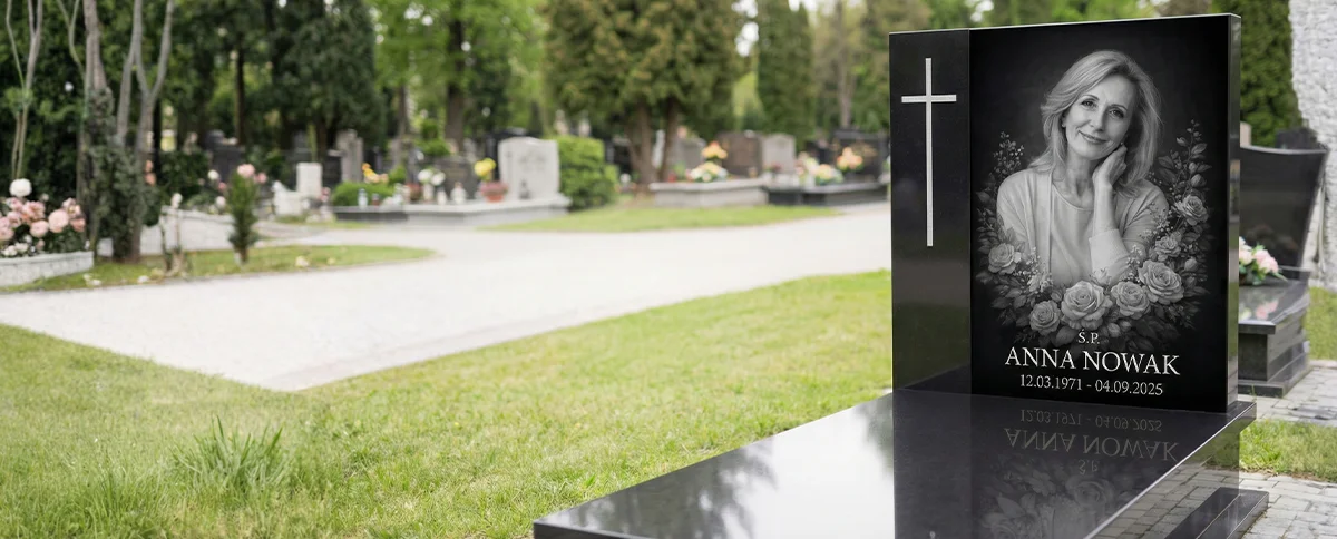 Black headstone in a cemetery with a glass plaque bearing a black-and-white portrait