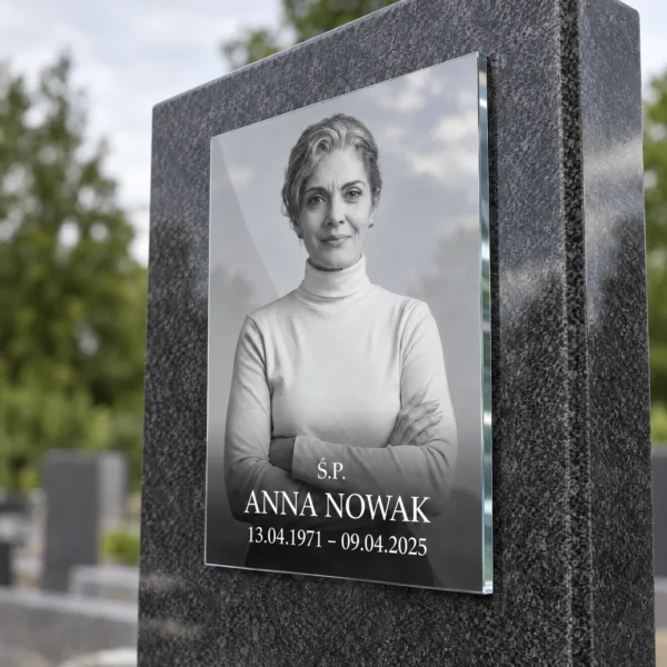 Czarno-białe zdjęcie na pomnik: portret kobiety z imieniem i datami na szkle hartowanym, zamontowany na granitowym nagrobku