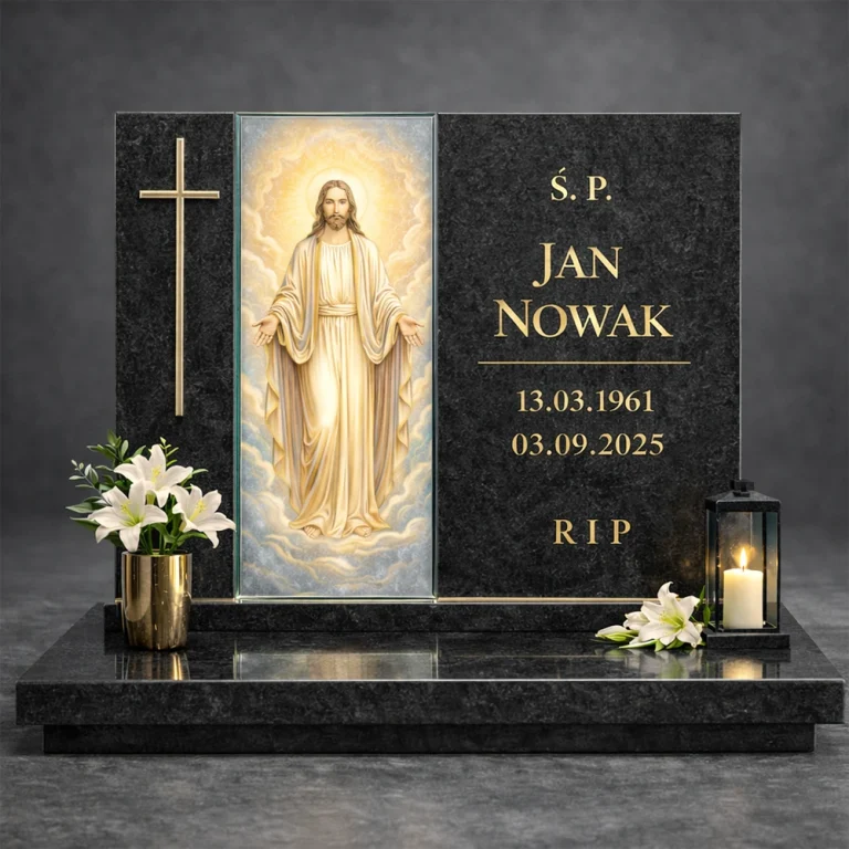 Szklana ozdoba na pomnik z obrazem Jezusa w nowoczesnym nagrobku