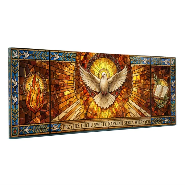 poziomy panel szklany w stylu witrażu do nagrobka z gołębicą i symbolami religijnymi