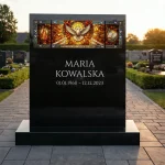 panel szklany w stylu witrażu do pomnika z gołębicą i motywem religijnym