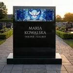 niebieski panel szklany w stylu witrażu do pomnika z gołębicą