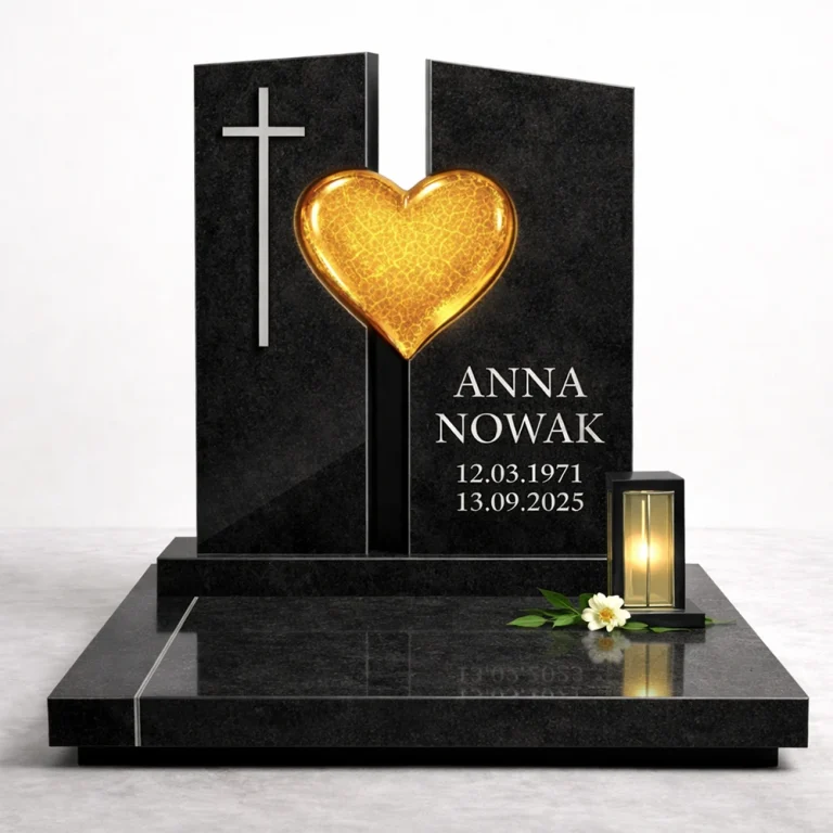 nagrobek z żółtym szklanym sercem dekoracja na pomniku z granitu