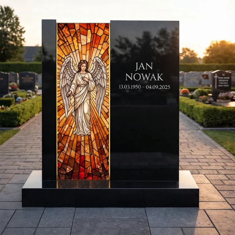 szklany panel nagrobny anioł witraż na pomnik
