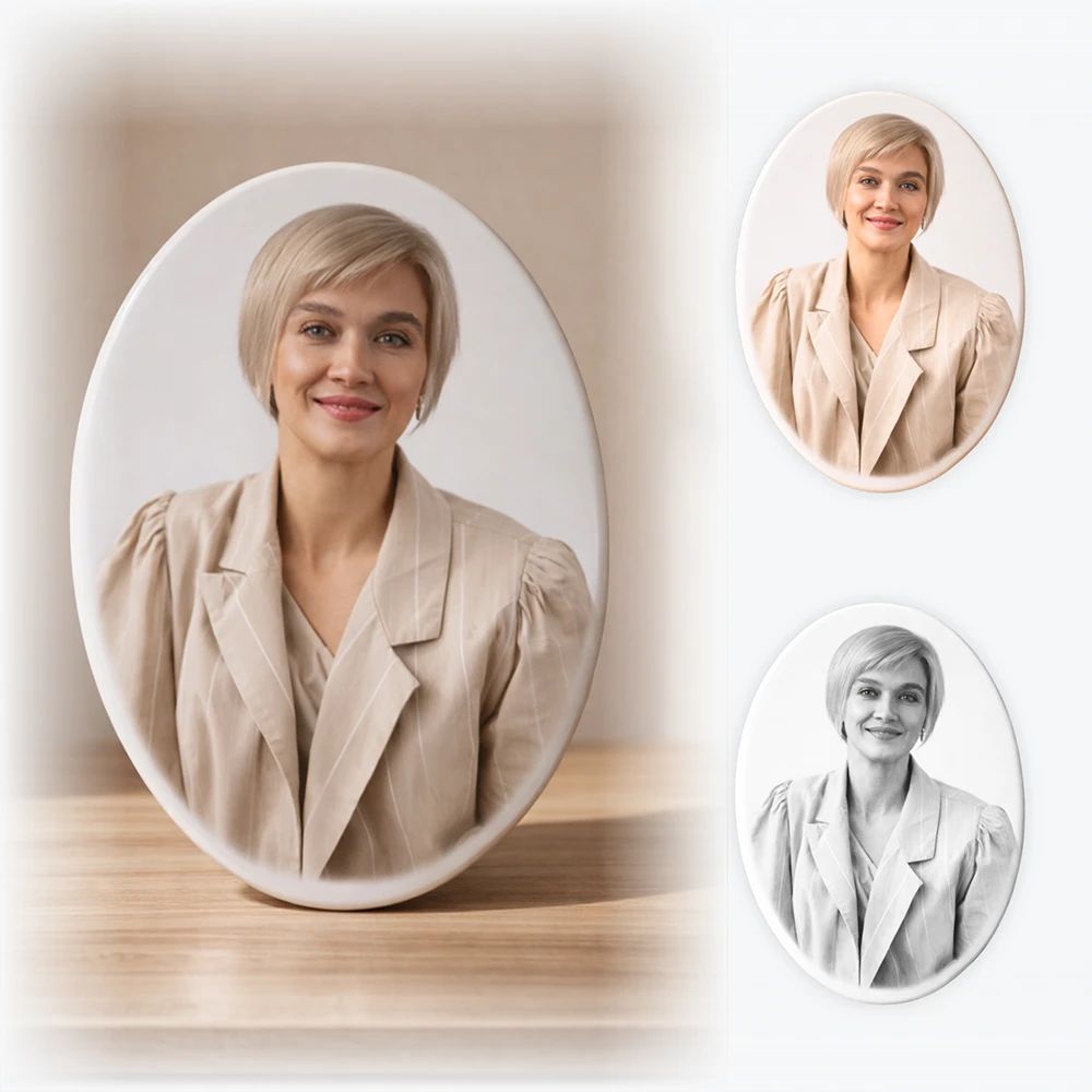 zdjęcia na pomnik na porcelanie Lubin owalne zdjęcie zmarłej kolorowe i czarno białe Lubin