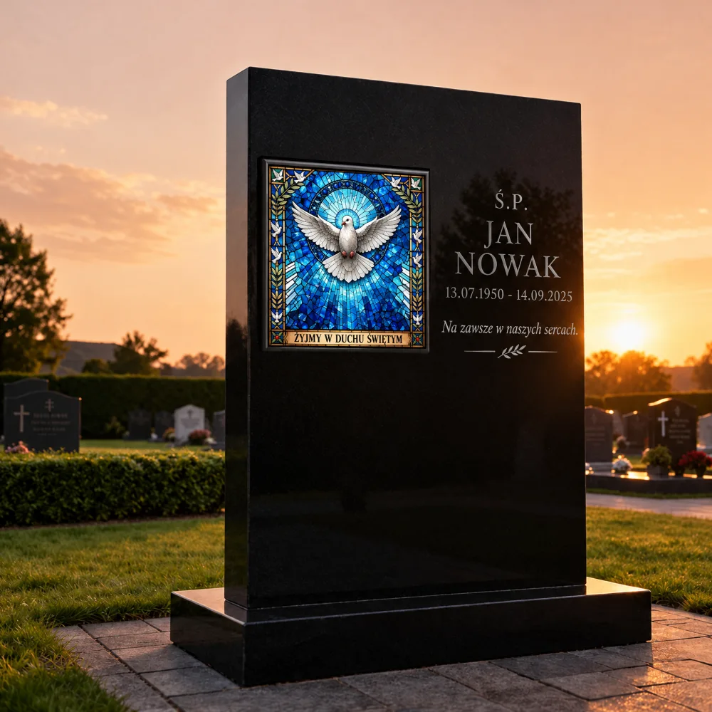 panel szklany na nagrobek z motywem religijnym, gołębica na czarnym granicie