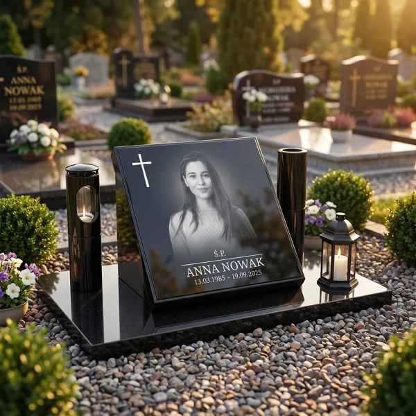 Pomniki urnowe z czarną szklaną tablicą ze zdjęciem na eleganckim nagrobku na cmentarzu