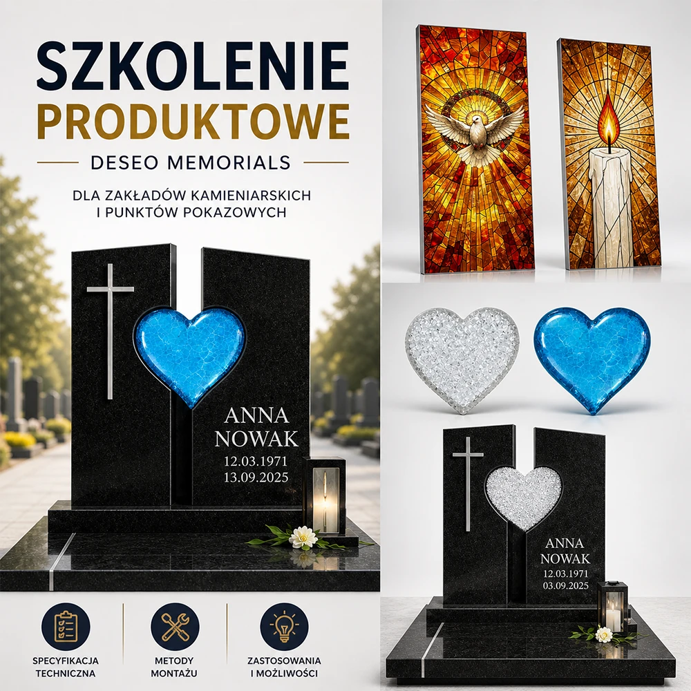Szkolenie produktowe Deseo Memorials dla zakładów kamieniarskich – szklane panele, serca i witraże na pomniki