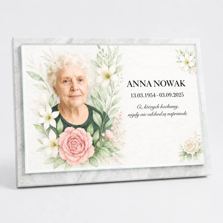tablice nagrobne z kolorowym portretem i personalizowanym napisem