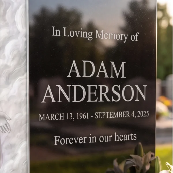engraved headstone inscription in black granite next to glass memorial panel of Jesus
