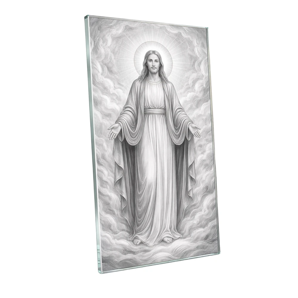 glass memorial panel with image of Jesus for headstone – religious glass plaque