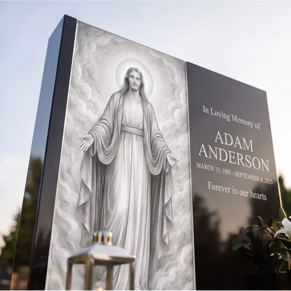 low angle view of tall modern black granite headstone with glass panel of Jesus against the sky