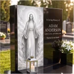 close-up of modern black granite headstone with glass memorial panel of Jesus, lantern and white lilies