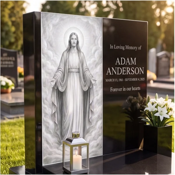 close-up of modern black granite headstone with glass memorial panel of Jesus, lantern and white lilies
