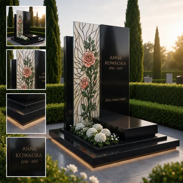Szklany panel na pomnik z motywem roślinnym