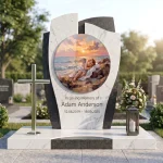 Child’s grave with a round decorative glass panel featuring a sleeping angel