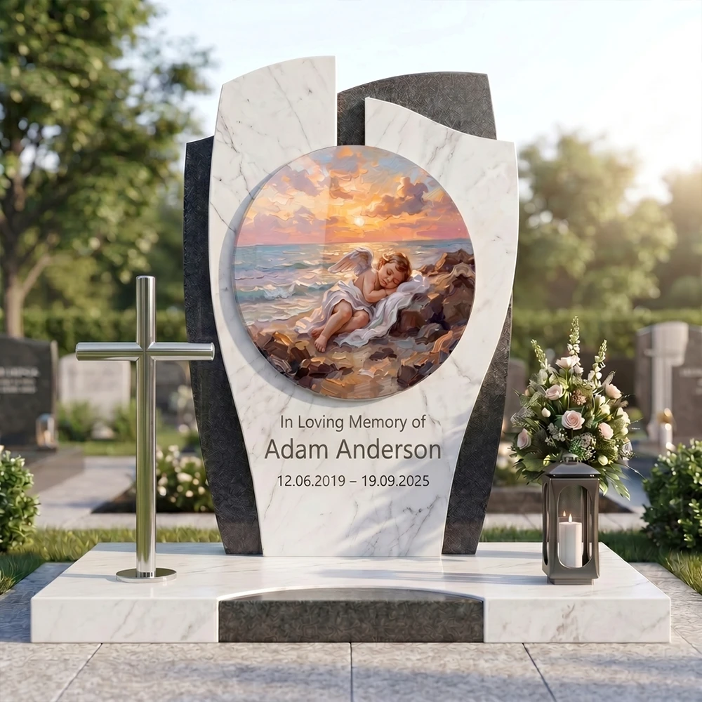 Child’s grave with a round decorative glass panel featuring a sleeping angel