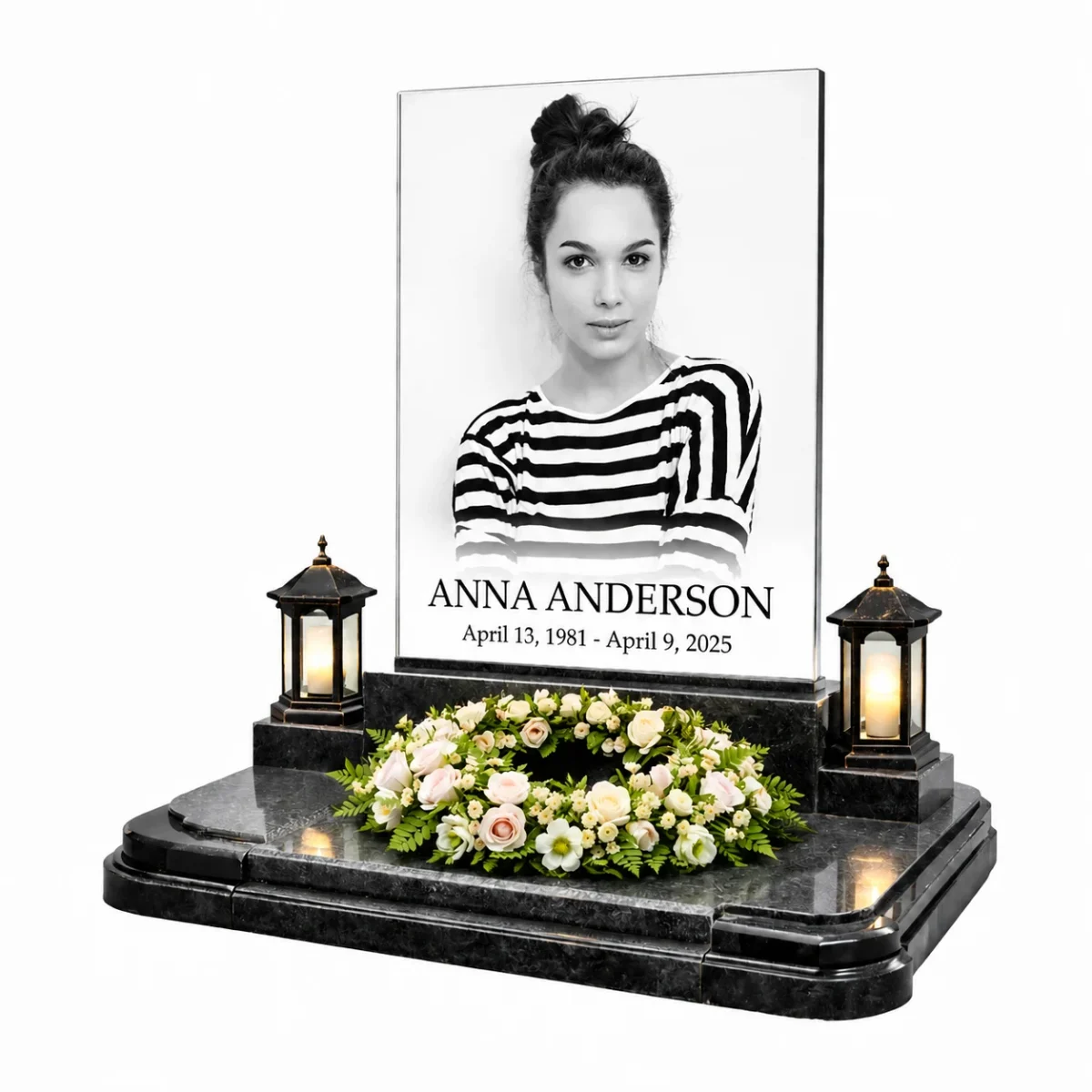 glass photo plaque for grave with engraved name and dates on black granite headstone