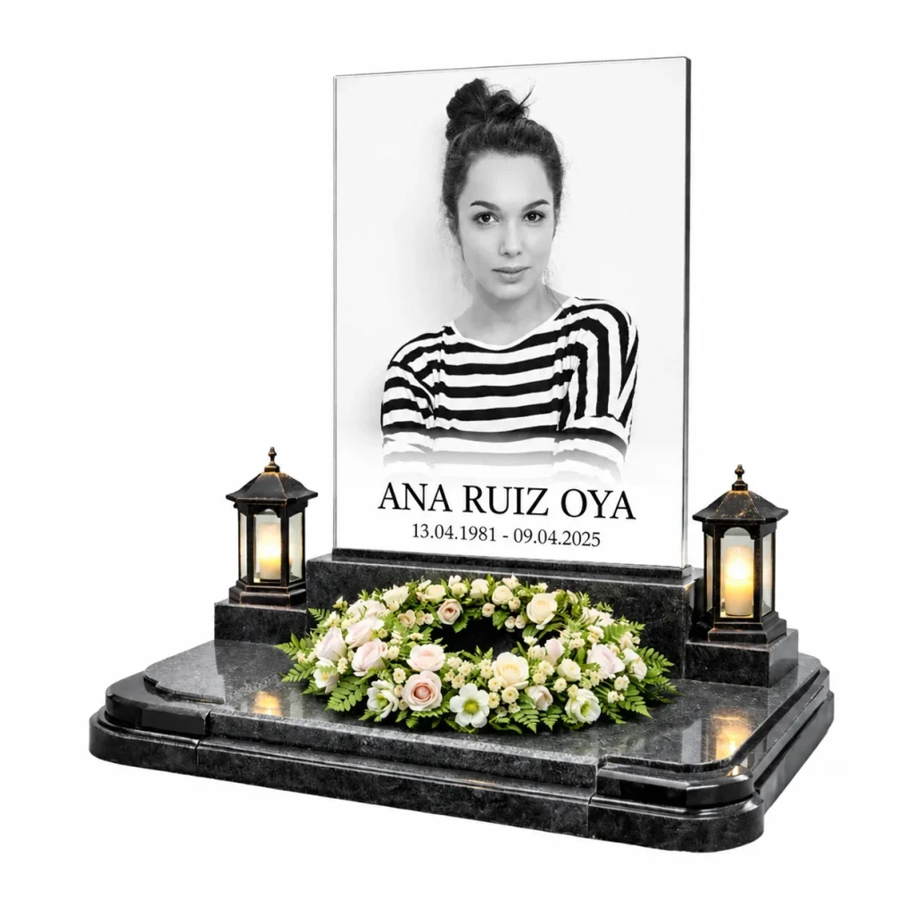 Placa de vidrio para lápida con retrato, nombre y fechas