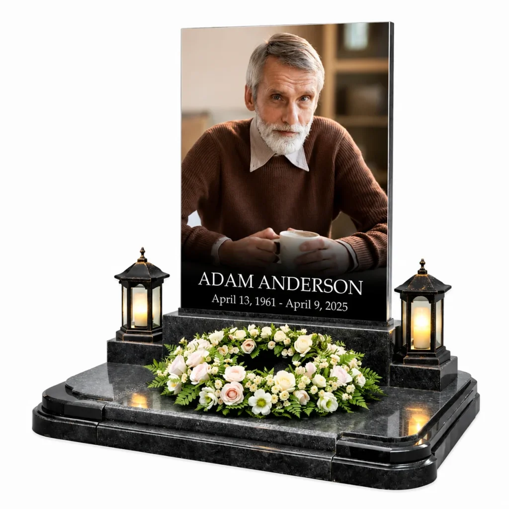 Glass photo plaque for headstone with name and dates on black granite monument
