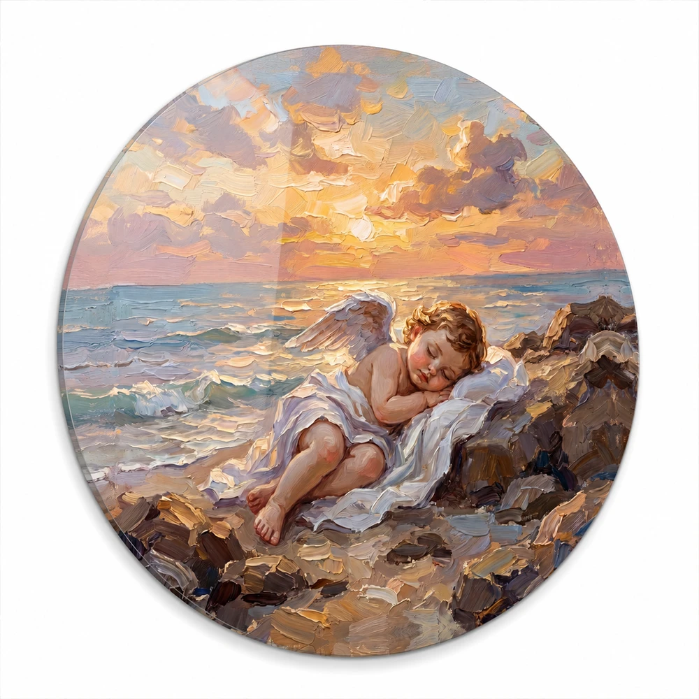 Glass decoration for a child’s grave with a sleeping angel and sunset seascape