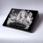 Glass photo plaque for grave engraved with name and dates