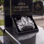 Glass photo plaque for grave engraved with portrait, name and dates