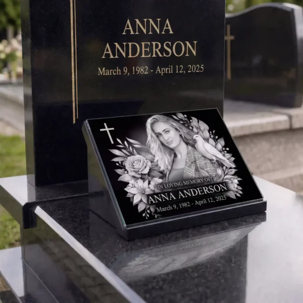 Glass photo plaque for grave engraved with portrait, name and dates