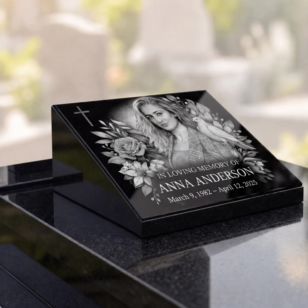 Glass photo plaque for headstone engraved with portrait, name and dates