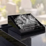 Glass photo plaque for headstone engraved with portrait, name and dates