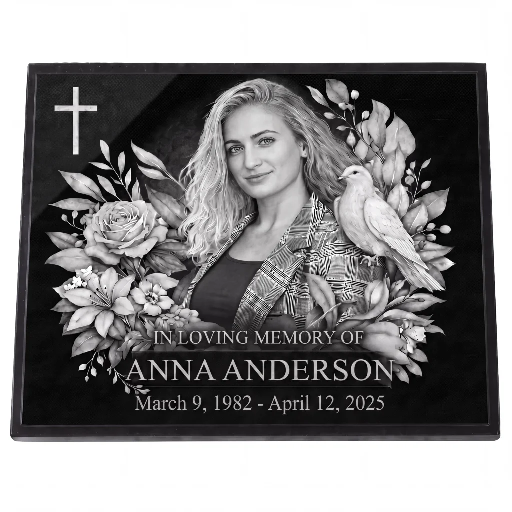 Glass photo plaque for grave engraved with name and dates