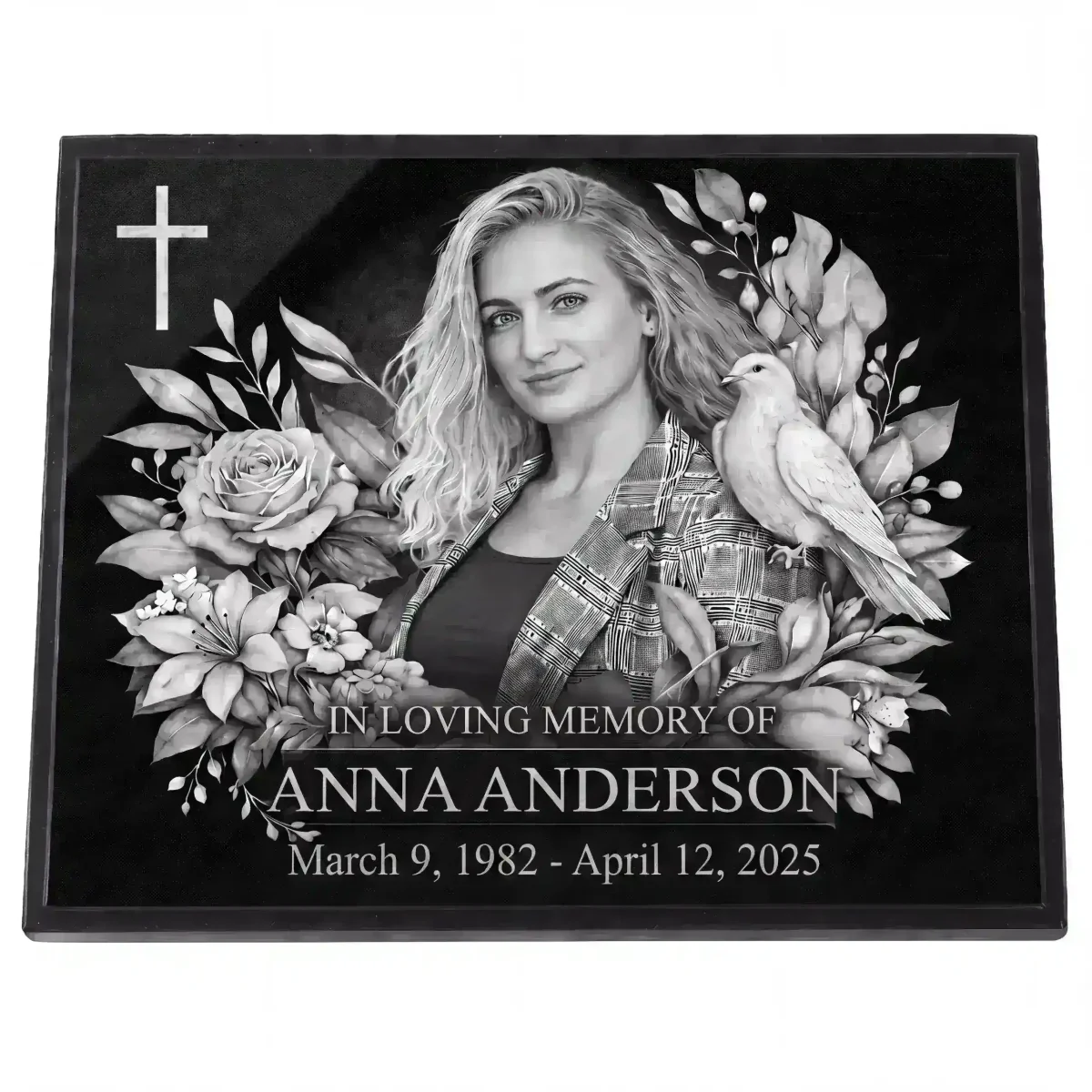 Glass photo plaque for grave engraved with name and dates
