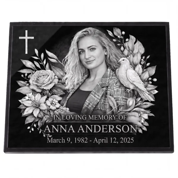 Glass photo plaque for grave engraved with name and dates