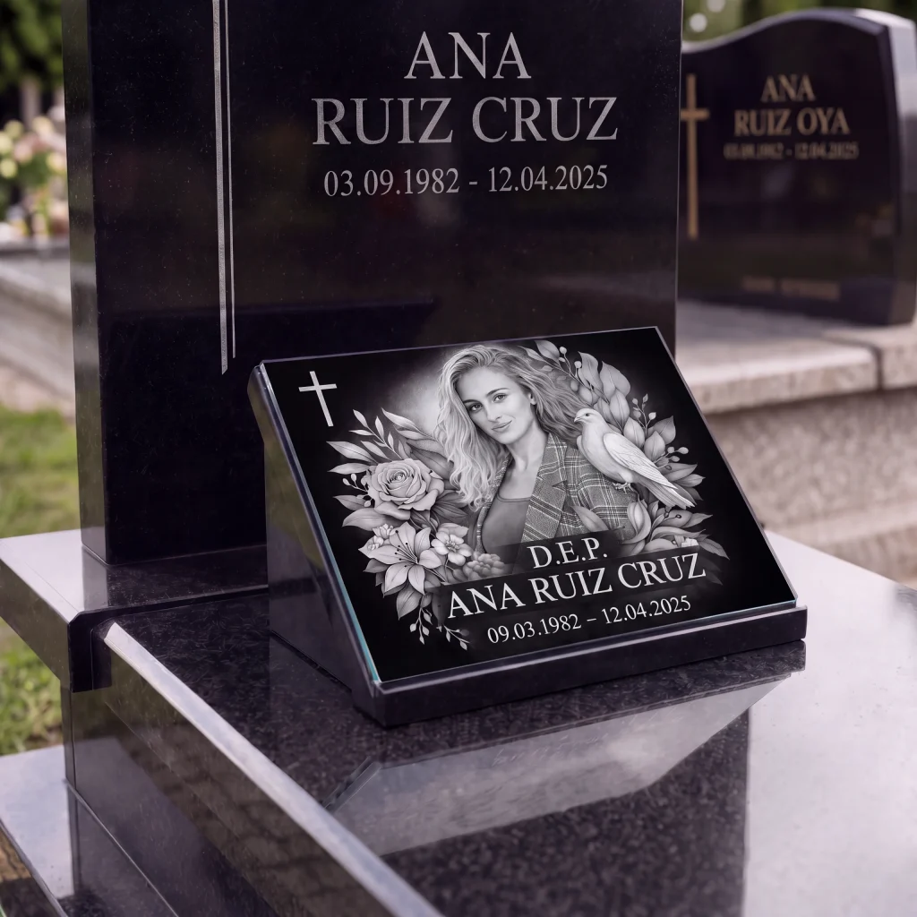 Placa conmemorativa de cristal con retrato, flores y fechas para lápida