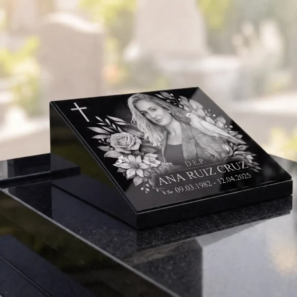 Placa de vidrio con nombre y fechas y retrato grabado para lápida