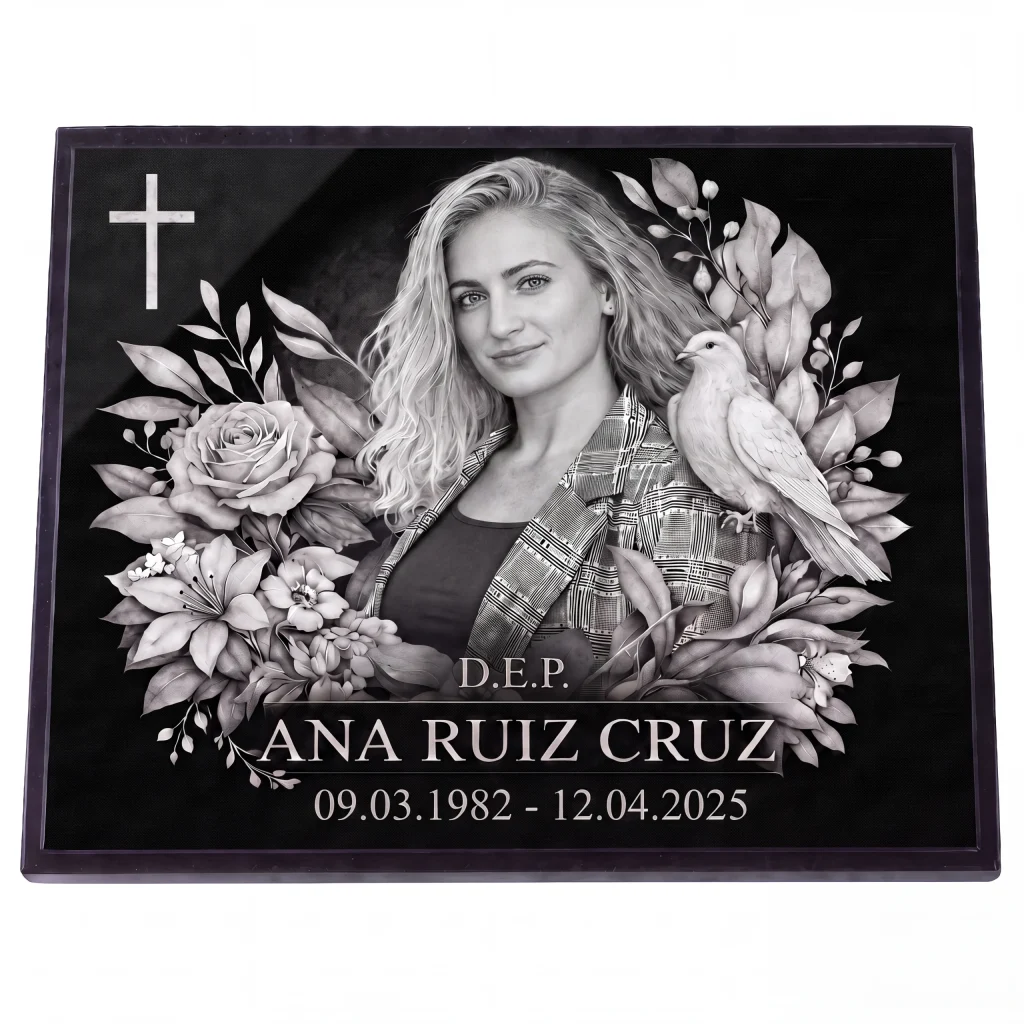 Placa conmemorativa de cristal con retrato y nombre y fechas