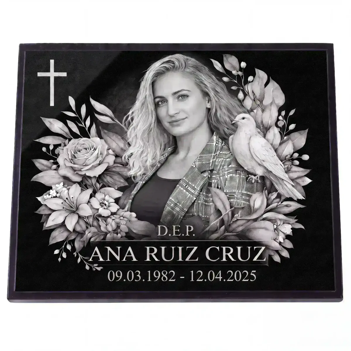Placa conmemorativa de cristal con retrato y nombre y fechas