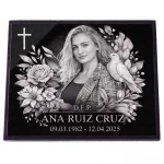 Placa conmemorativa de cristal con retrato y nombre y fechas
